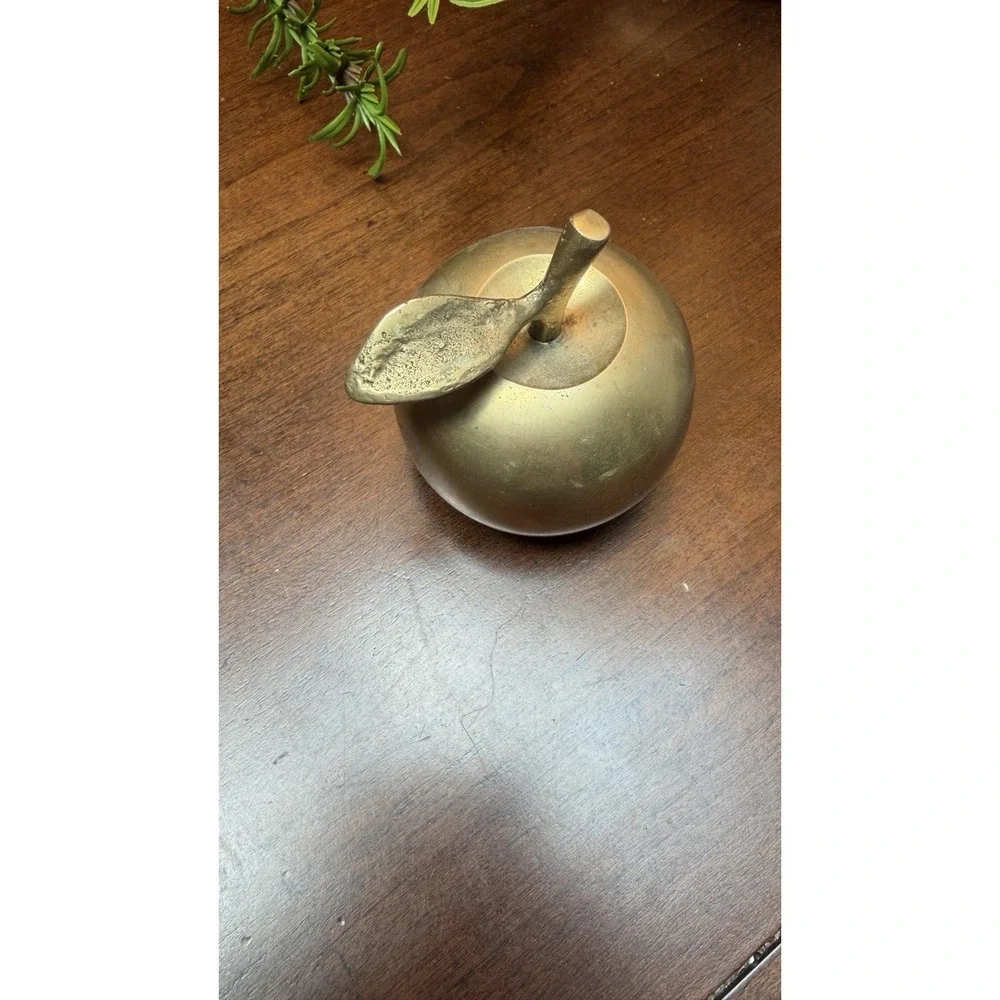 Vintage Brass Apple Bell Paper Weight Solid w/ Clapper Stem & Leaf, Small